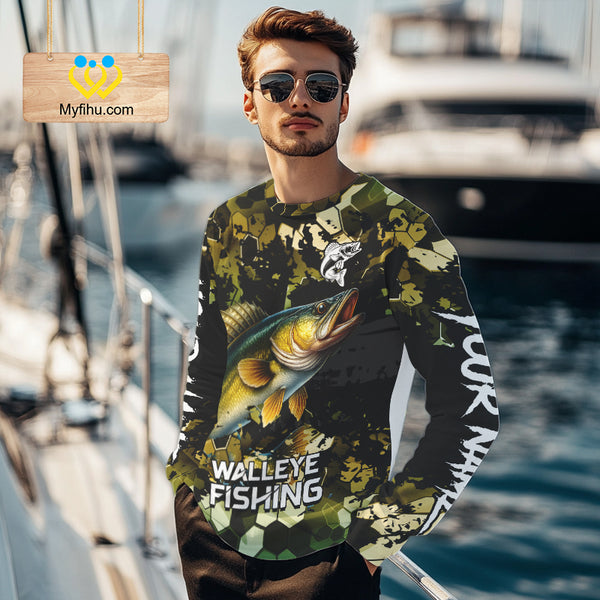 Yellow Camo Walleye fishing sun shirts custom name fishing shirts long sleeve uv protection NQS10285