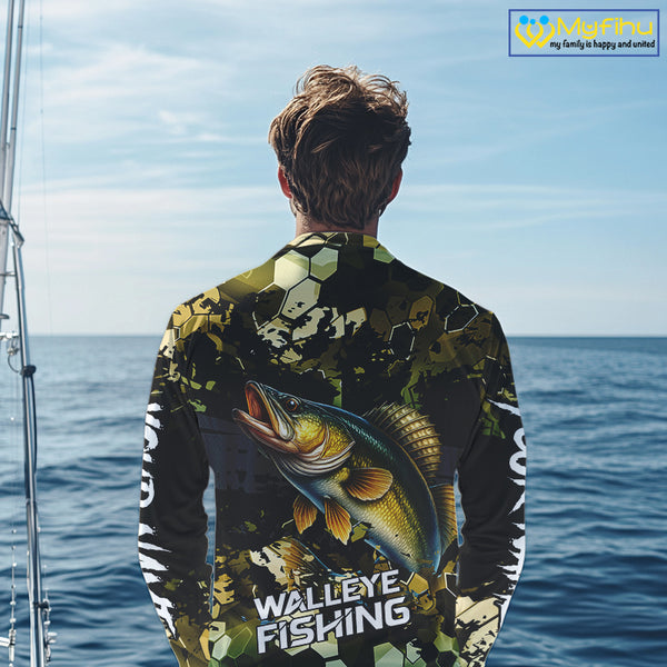Yellow Camo Walleye fishing sun shirts custom name fishing shirts long sleeve uv protection NQS10285