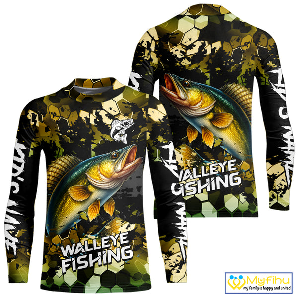 Yellow Camo Walleye fishing sun shirts custom name fishing shirts long sleeve uv protection NQS10285