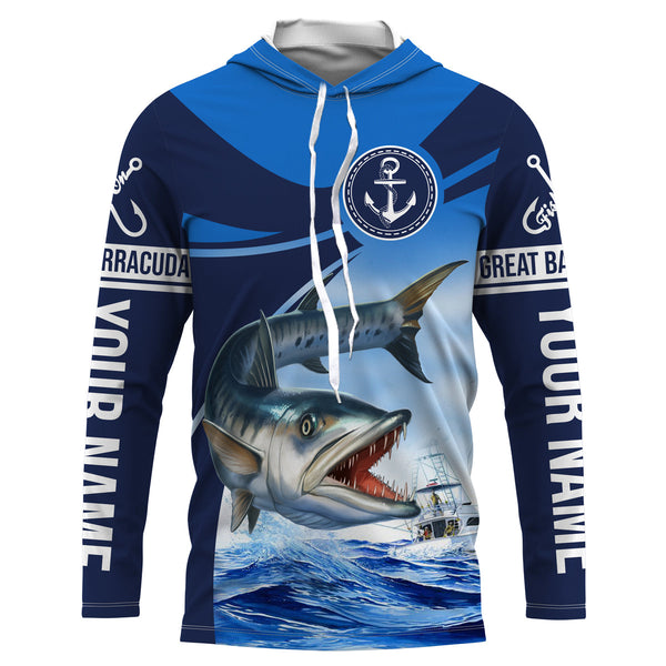 Great barracuda fishing blue sea underwater ocean Custom Name performance long sleeve fishing shirt NQS3779