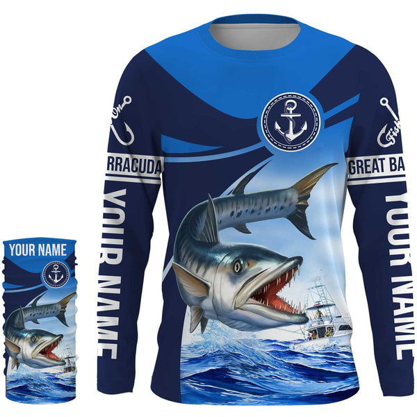Great barracuda fishing blue sea underwater ocean Custom Name performance long sleeve fishing shirt NQS3779