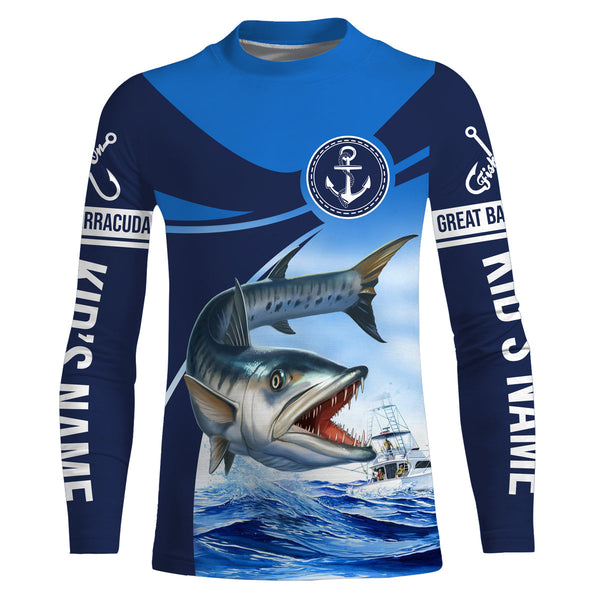 Great barracuda fishing blue sea underwater ocean Custom Name performance long sleeve fishing shirt NQS3779