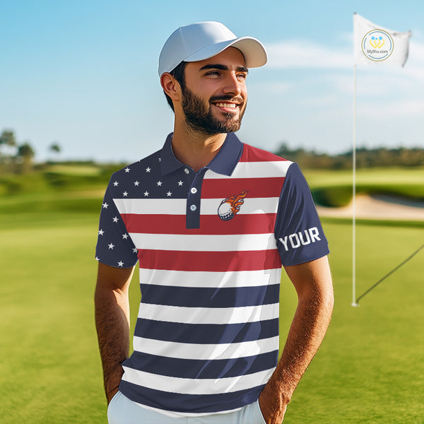 Custom American Flag Golf Polo Shirts For Men, Personalized Patriotic Mens Golf attire NQS10500