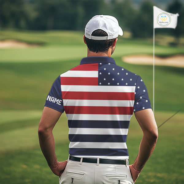 Custom American Flag Golf Polo Shirts For Men, Personalized Patriotic Mens Golf attire NQS10500