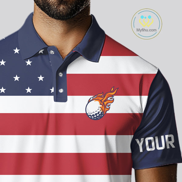 Custom American Flag Golf Polo Shirts For Men, Personalized Patriotic Mens Golf attire NQS10500