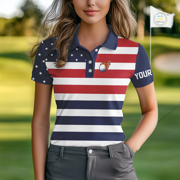 Custom American Flag Golf Polo Shirts For Women, Personalized Patriotic Ladies Golf attire NQS10500
