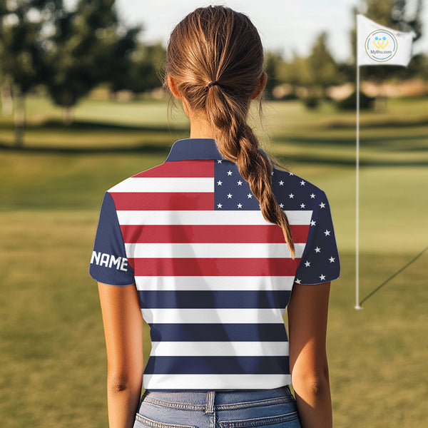 Custom American Flag Golf Polo Shirts For Women, Personalized Patriotic Ladies Golf attire NQS10500