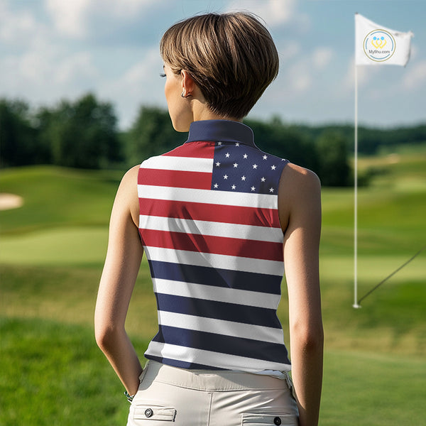 Custom American Flag Sleeveless Golf Polo Shirt, Personalized Patriotic Ladies Golf attire NQS10500
