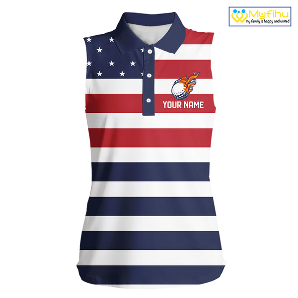 Custom American Flag Sleeveless Golf Polo Shirt, Personalized Patriotic Ladies Golf attire NQS10500