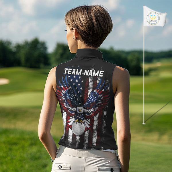 Vintage American Flag Eagle Black Golf Sleeveless Polo Shirts Custom Ladies patriotic golf shirts NQS10502