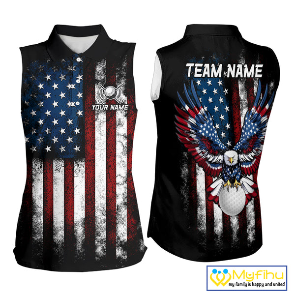 Vintage American Flag Eagle Black Golf Sleeveless Polo Shirts Custom Ladies patriotic golf shirts NQS10502