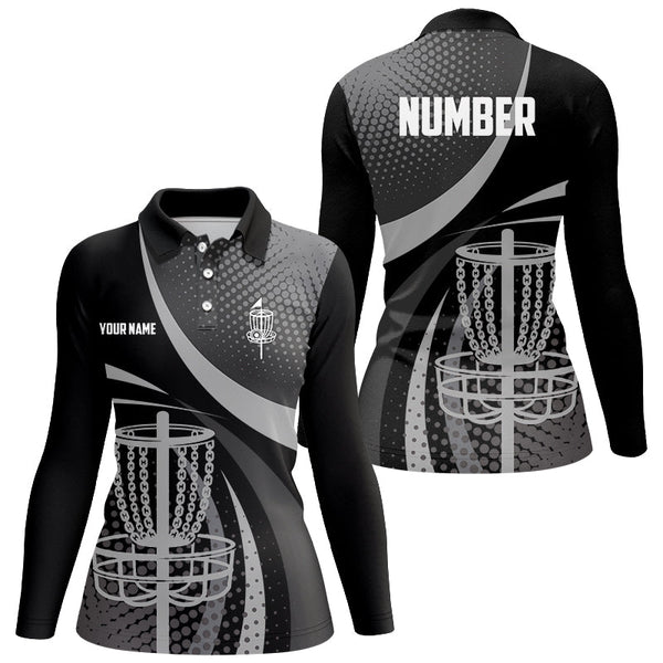 Black Grey Dot pattern disc golf basket custom Womens disc golf polo shirts, disc golf jerseys NQS8749
