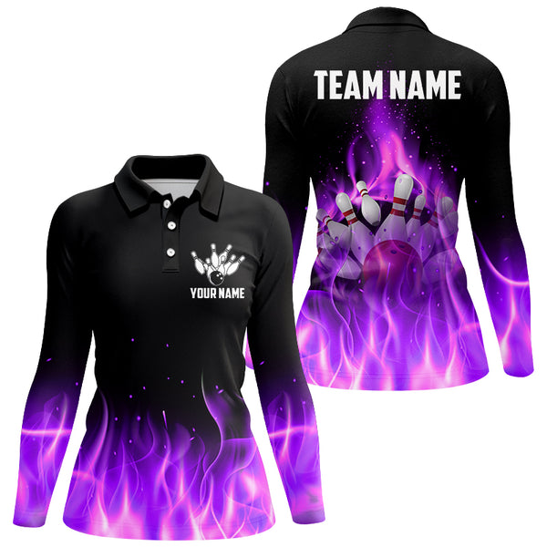 Personalized Women Bowling Shirt purple flame Bowling Ball Pins Team bowling jerseys for Bowler NQS8989