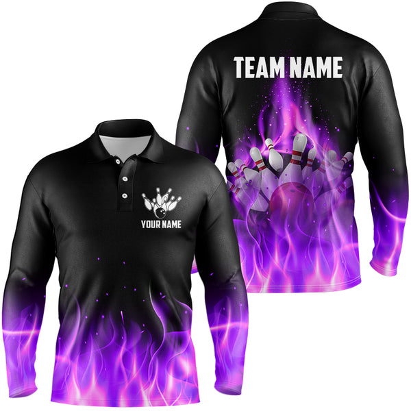 Personalized Mens Bowling Shirt purple flame Bowling Ball and Pins Team bowling jerseys for men Bowler NQS8989