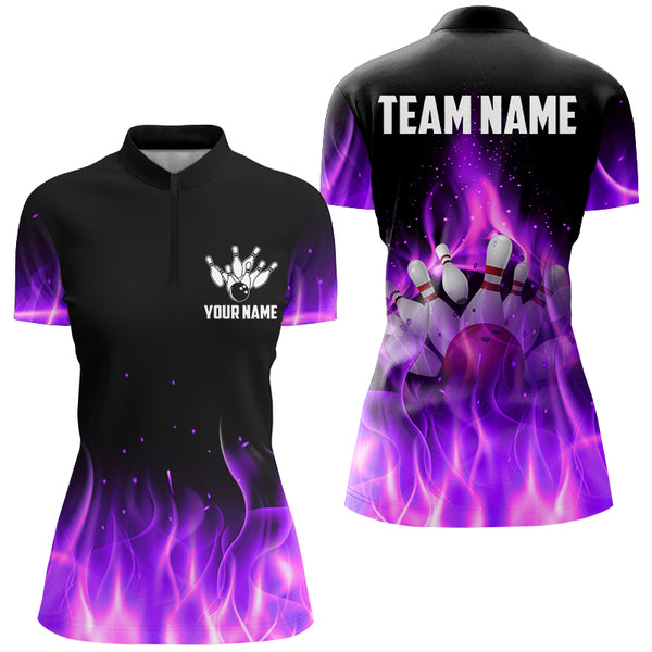 Personalized Women Bowling Shirt purple flame Bowling Ball Pins Team bowling jerseys for Bowler NQS8989