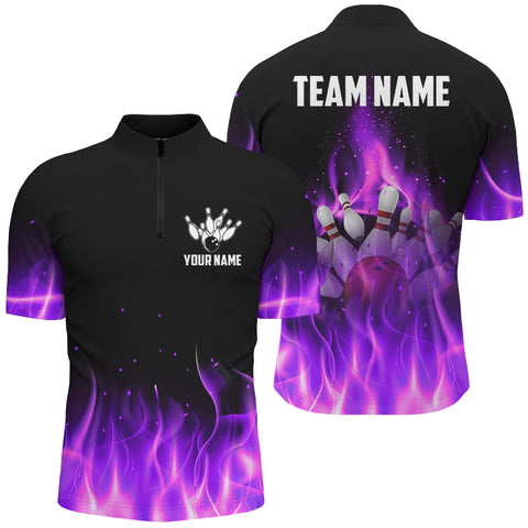 Personalized Mens Bowling Shirt purple flame Bowling Ball and Pins Team bowling jerseys for men Bowler NQS8989