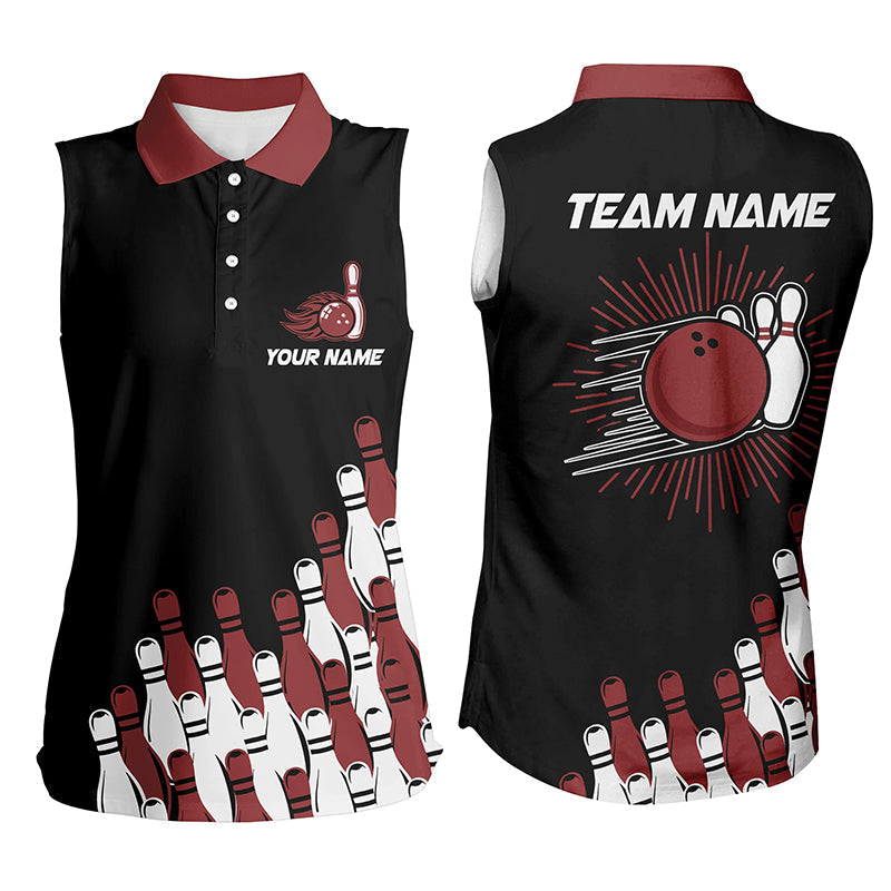 Black retro bowling team shirt custom Women Bowling sleeveless Polo Shirt, bowling gifts for her | Red NQS7054