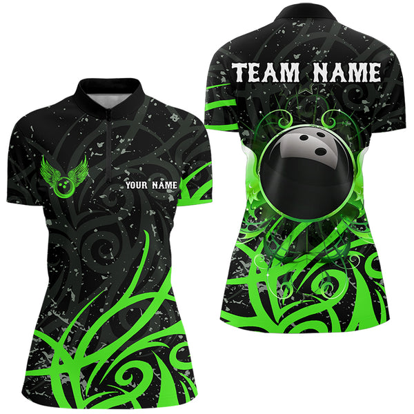 Black & Green Camo Bowling Polo, Quarter Zip Shirt For Women Custom Team Bowling Jersey bowler outfit NQS9418