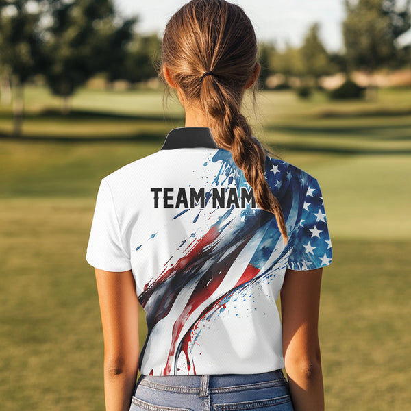Red, White and Blue American flag Women golf polo shirts Custom name patriotic golf top for ladies NQS9419