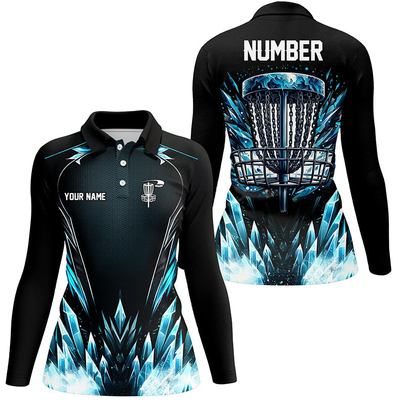 Icy blue Womens Disc golf polo shirts custom black disc golf basket jerseys, disc golf shirts NQS7323