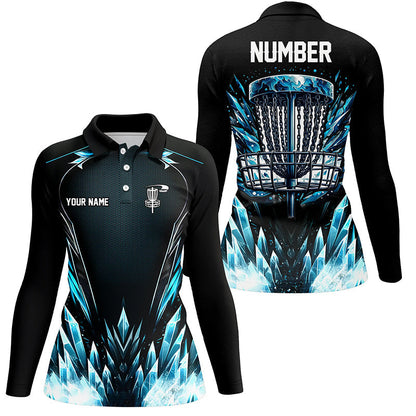 Icy blue Womens Disc golf polo shirts custom black disc golf basket jerseys, disc golf shirts NQS7323