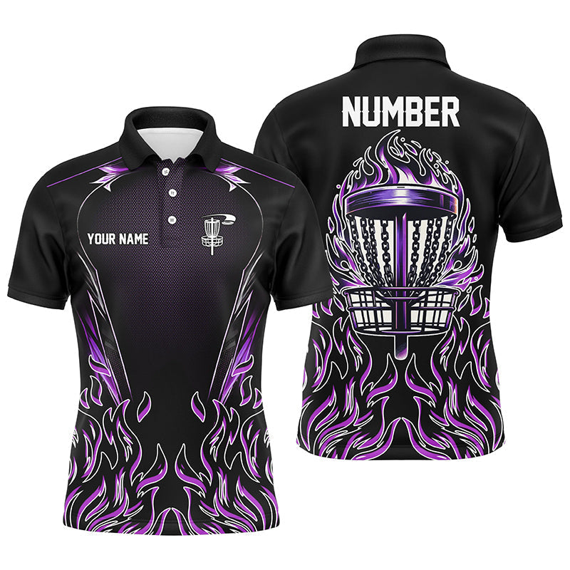 Purple flame Mens Disc golf polo shirts custom black disc golf fire jerseys, disc golf shirts NQS7324