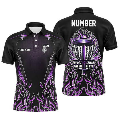 Purple flame Mens Disc golf polo shirts custom black disc golf fire jerseys, disc golf shirts NQS7324