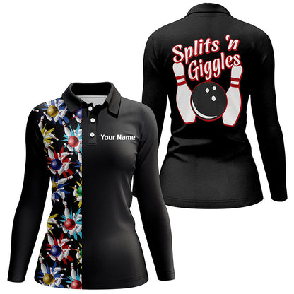 Splits 'n Giggles Black Polo Shirt for women, personalized vintage womens bowling shirts NQS5521
