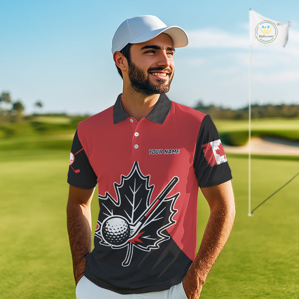 Black and Red maple leaf Mens golf polo shirts custom patriotic Canadian Flag golf attire for mens NQS9993