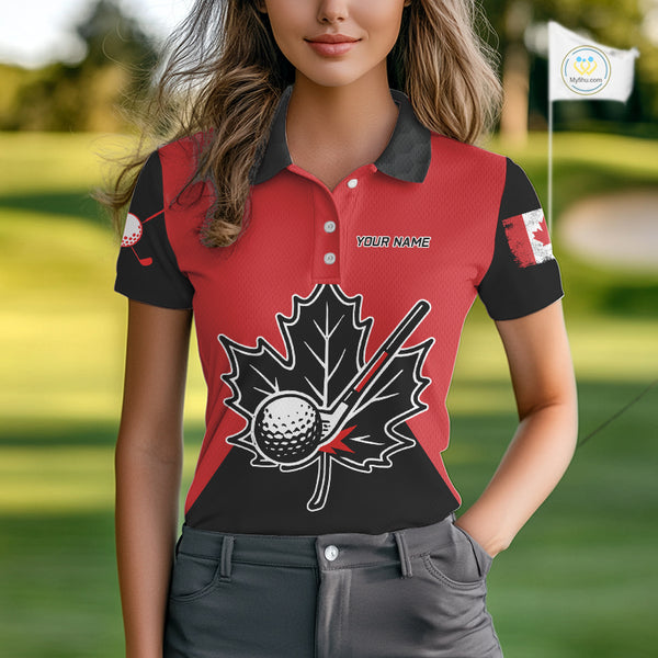 Black and Red maple leaf Womens golf polo shirts custom patriotic Canadian Flag ladies golf attire NQS9993
