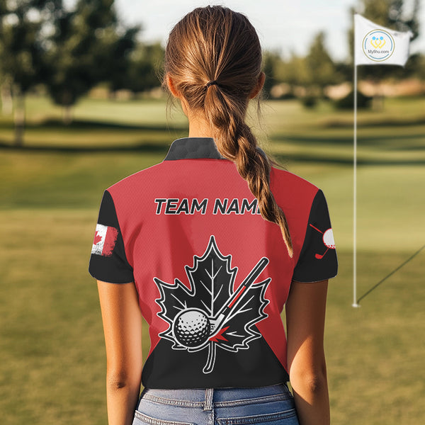 Black and Red maple leaf Womens golf polo shirts custom patriotic Canadian Flag ladies golf attire NQS9993