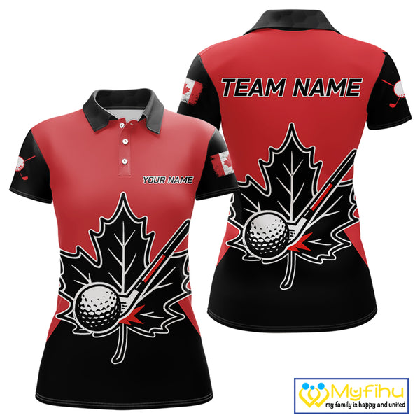 Black and Red maple leaf Womens golf polo shirts custom patriotic Canadian Flag ladies golf attire NQS9993