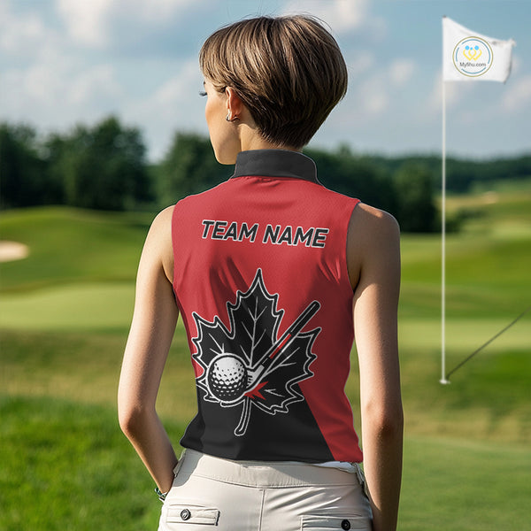 Black and Red maple leaf Women sleeveless golf polos custom patriotic Canadian Flag ladies golf attire NQS9993