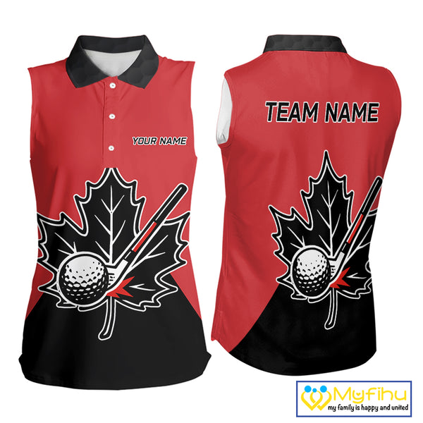 Black and Red maple leaf Women sleeveless golf polos custom patriotic Canadian Flag ladies golf attire NQS9993