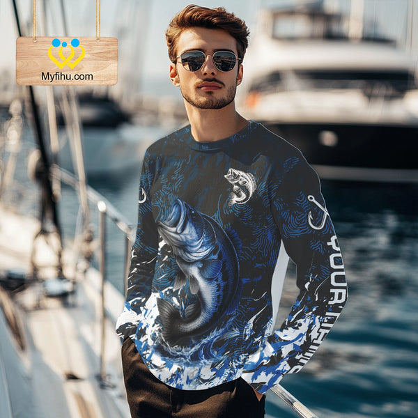 Blue Camo Largemouth Bass fishing Custom sun protection Bass fishing shirts, Bass fishing team jerseys NQS9994