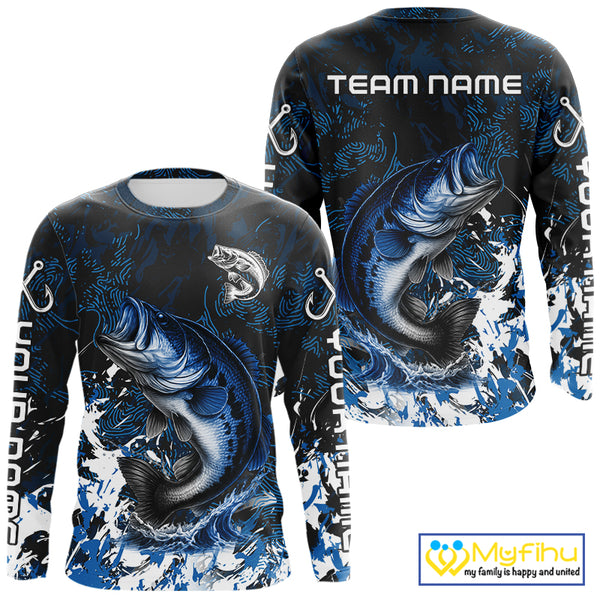 Blue Camo Largemouth Bass fishing Custom sun protection Bass fishing shirts, Bass fishing team jerseys NQS9994