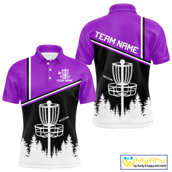 Black, White and Purple Disc Golf basket Mens Disc golf polo shirts Custom team disc golf jerseys NQS9996