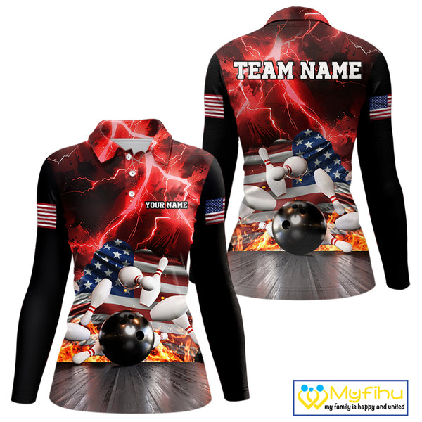 Red Lightning thunder storm American Flag Bowling Shirts For Women Custom Bowling Team League Jerseys NQS10290