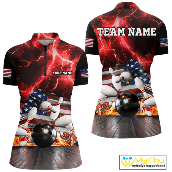 Red Lightning thunder storm American Flag Bowling Shirts For Women Custom Bowling Team League Jerseys NQS10290