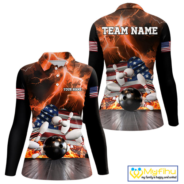 Orange Lightning thunder American Flag Bowling Shirt For Women Custom Bowling Team League Jersey NQS10291