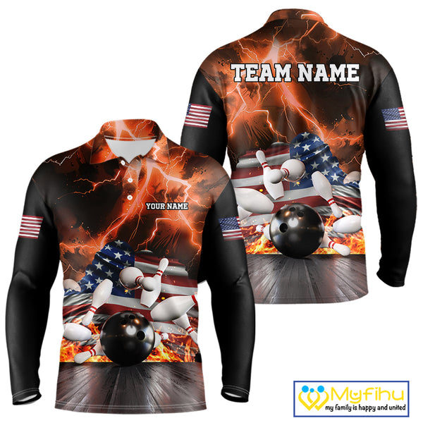 Orange Lightning thunder storm American Flag Bowling Shirt For Men Custom Bowling Team League Jerseys NQS10291