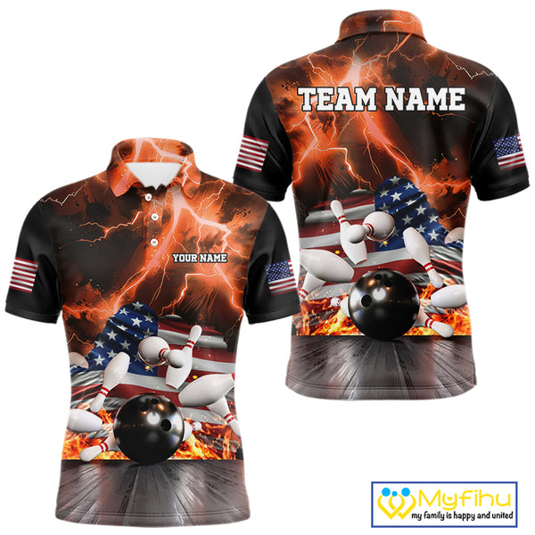 Orange Lightning thunder storm American Flag Bowling Shirt For Men Custom Bowling Team League Jerseys NQS10291