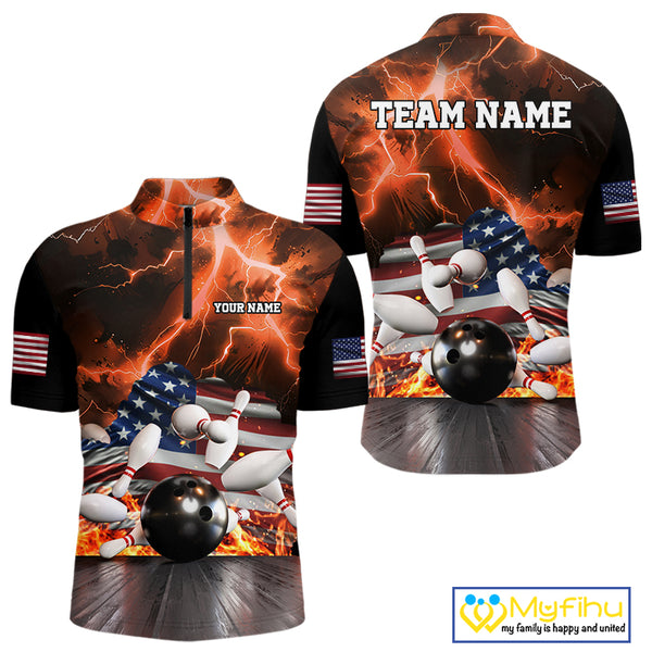 Orange Lightning thunder storm American Flag Bowling Shirt For Men Custom Bowling Team League Jerseys NQS10291