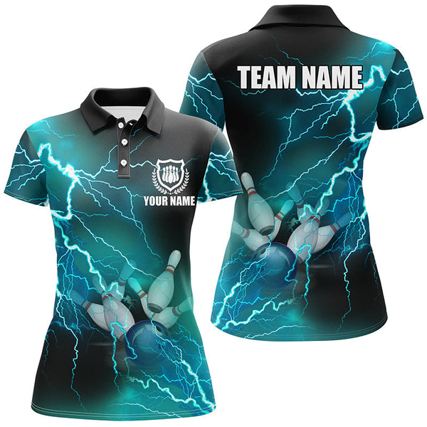 Women bowling shirts Custom cyan blue lightning thunder Bowling Team Jersey, gift for team Bowlers NQS8316