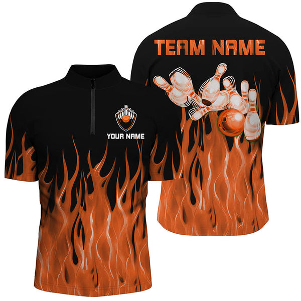 Personalized Men Polo, 1/4 Zip Bowling Shirt Orange Flame Bowling Ball Pins bowling jersey for Bowler NQS8518