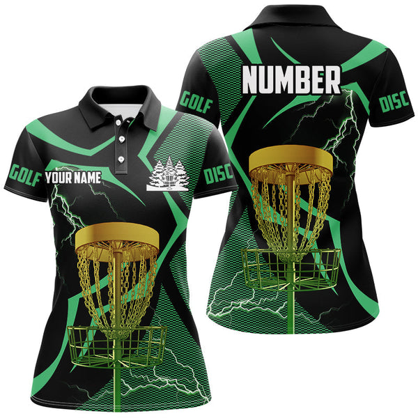 Black green Womens disc golf polo shirts custom lightning thunder disc golf basket, disc golf gifts NQS8520