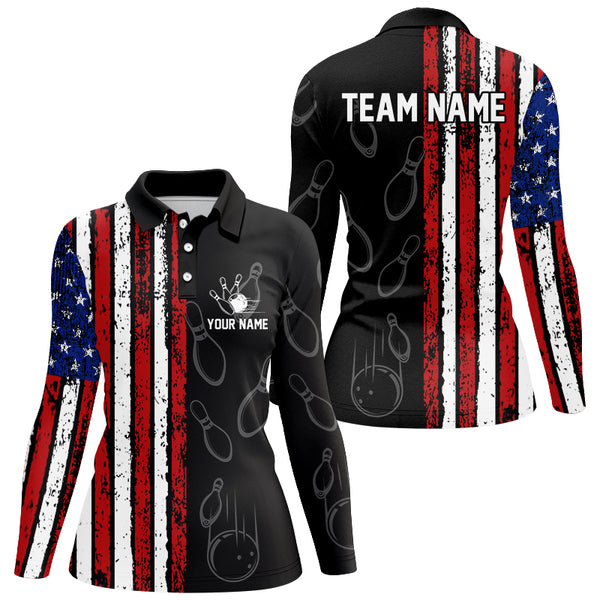 Black Camo American Flag Bowling Polo, 1/4 Zip shirts for Women custom Patriotic Team Bowling Jerseys NQS8760