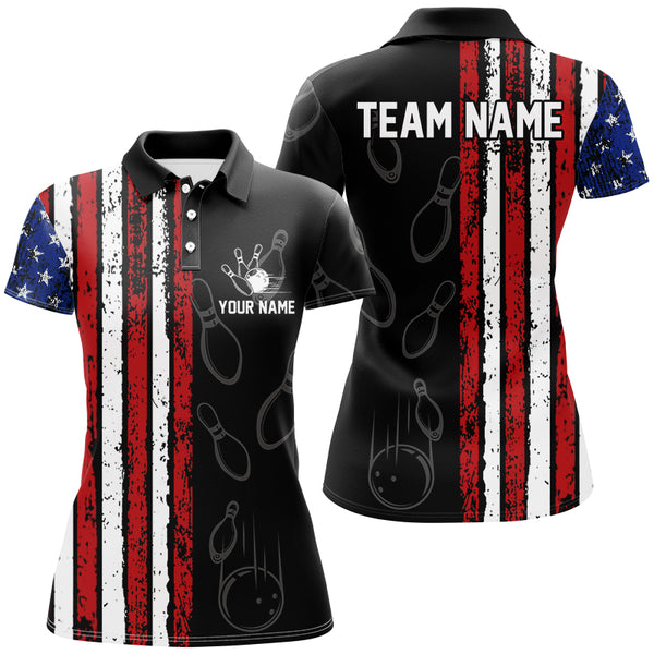 Black Camo American Flag Bowling Polo, 1/4 Zip shirts for Women custom Patriotic Team Bowling Jerseys NQS8760