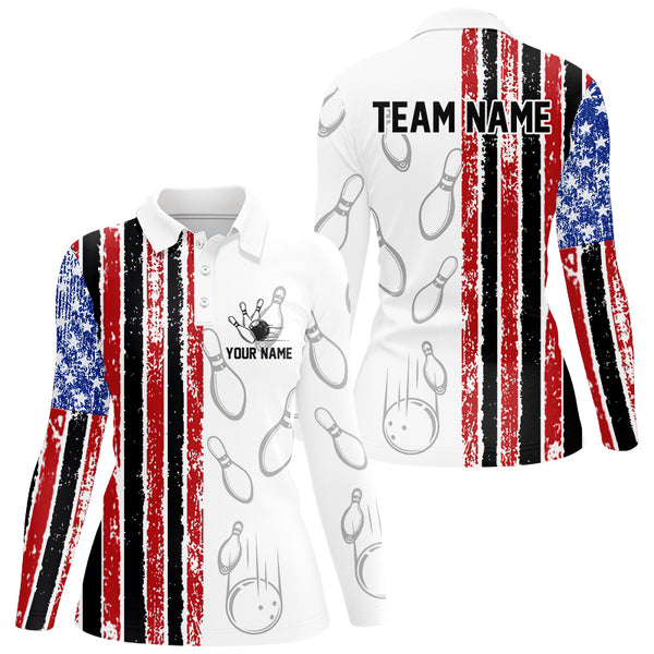 White Camo American Flag Bowling Polo, 1/4 Zip shirts for Women custom Patriotic Team Bowling Jerseys NQS8761