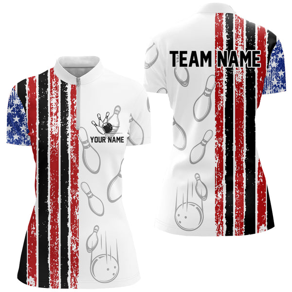 White Camo American Flag Bowling Polo, 1/4 Zip shirts for Women custom Patriotic Team Bowling Jerseys NQS8761